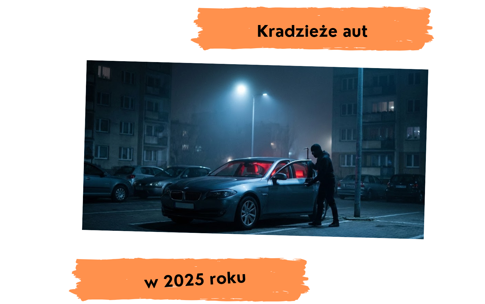 Człowiek w kominiarce z łomem w ręku wsiadający do pojazdu marki BMW 