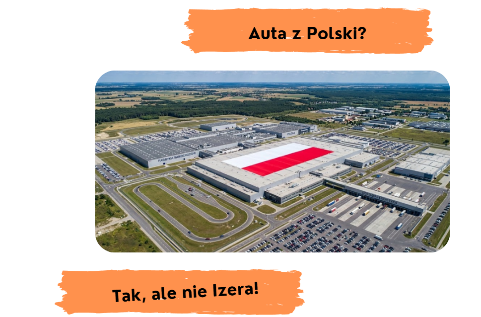 Fabryka samochodów z polską flagą na dachu