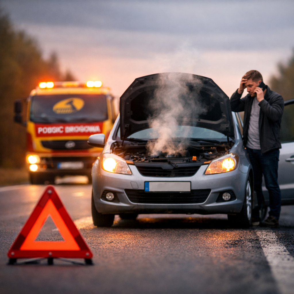 zdjęcie ukazuje awarię samochodu i pomoc drogowa gruszka
